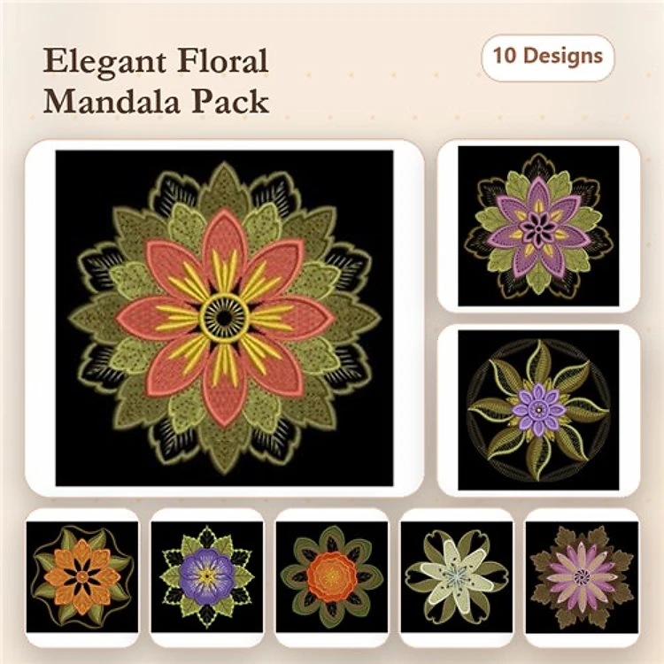 Floral Mandalas Embroidery Designs Bundle – Orange Petals, Purple Center, Yellow Leaves & More (10 Designs)
