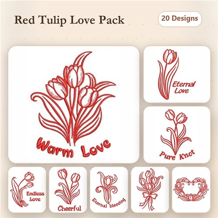 Redwork Love Tulips Embroidery Designs Bundle – Warm Love Tulips, Eternal Love, Cheerful Tulip & More (20 Designs)