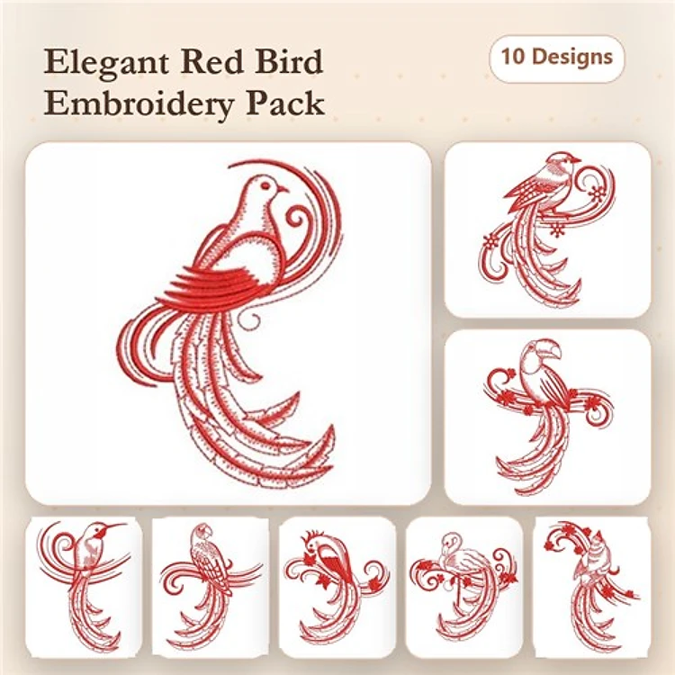 Redwork Elegant Red Birds Embroidery Bundle – Curly Tail, Floral Tail, Perched & More (10 Designs)
