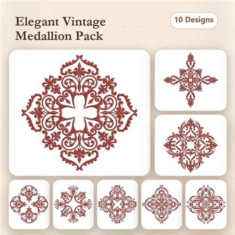 Redwork Elegant Vintage Medallion Embroidery Bundle – Ornate Corner, Floral Cross, & More (10 Designs)