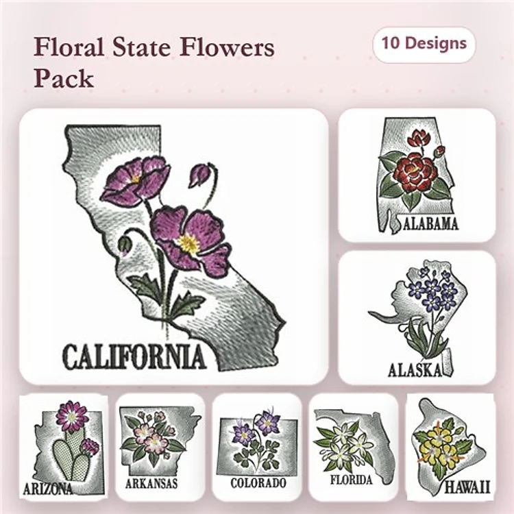 State Flowers of the USA Embroidery Bundle – California Poppy, Alabama Wildflower, Alaska Forget-Me-Not & More (10 Designs)
