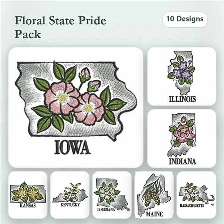 Floral State Embroidery Designs Bundle – Iowa, Illinois, Indiana, Kansas & More (10 Designs)