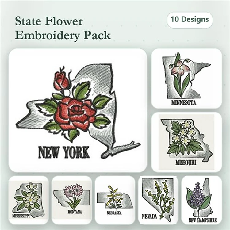 State Flower Embroidery Designs Bundle – New York Rose, Minnesota Soil, Missouri Dogwood & More (10 Designs)