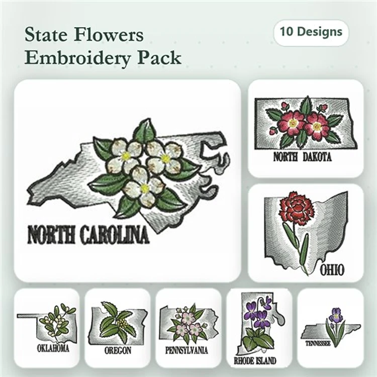 State Flowers Embroidery Bundle – North Carolina Flower, Ohio Flower, Oklahoma Flower & More (10 Designs)