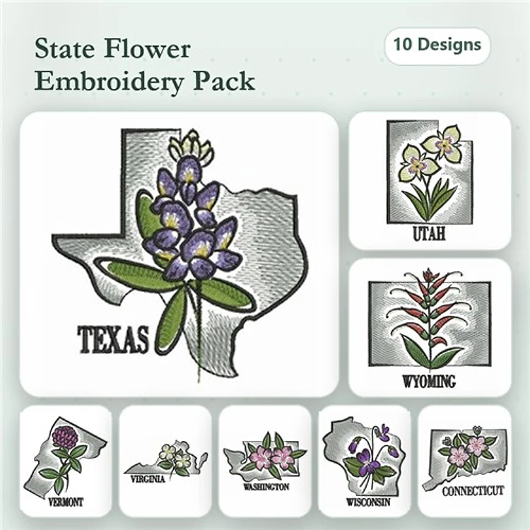 State Flowers of the USA Embroidery Bundle – Texas Bluebonnet, Utah Sego Lily, Wyoming Indian Paintbrush & More (10 Designs)