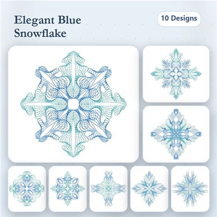 Rippled Blue Snowflakes Embroidery Bundle – Elegant Snowflake 1, Elegant Snowflake 2, Elegant Snowflake 3 & More (10 Designs)