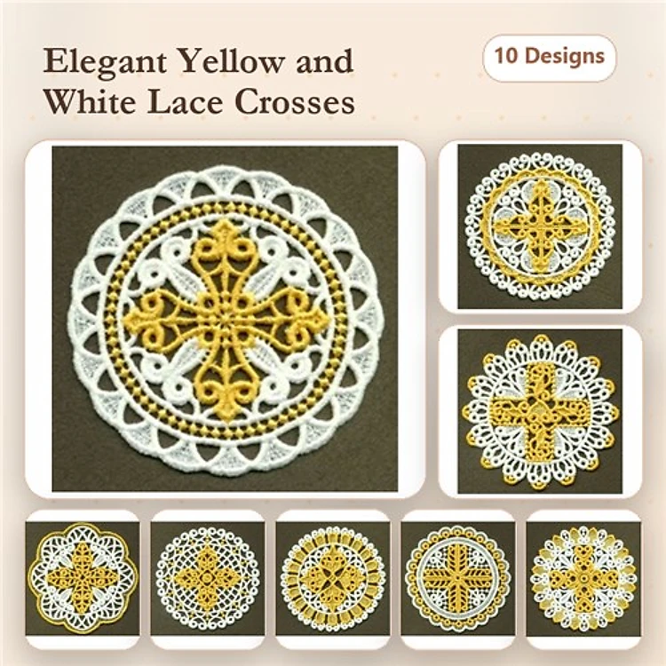 FSL Lace Cross Embroidery Bundle – Elegant Yellow & White Crosses (10 Designs)
