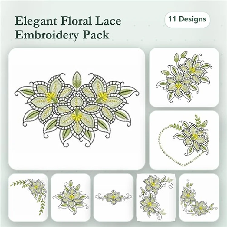 FSL Floral Lace Embroidery Designs Bundle – Floral Lace Arrangement, Leafy Floral Cluster, Lace Floral Heart & More (11 Designs)