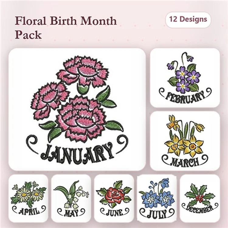 Floral Birth Month Embroidery Bundle – Carnations, Violets, Daffodils, Lily of the Valley & More (12 Designs)