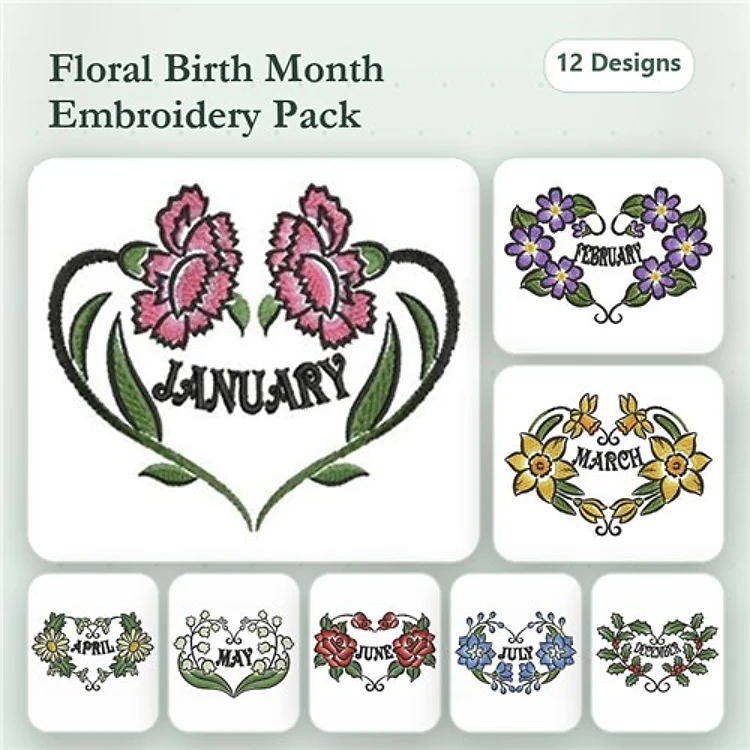 Floral Birth Month Embroidery Designs Bundle – January to December Flowers (12 Designs)