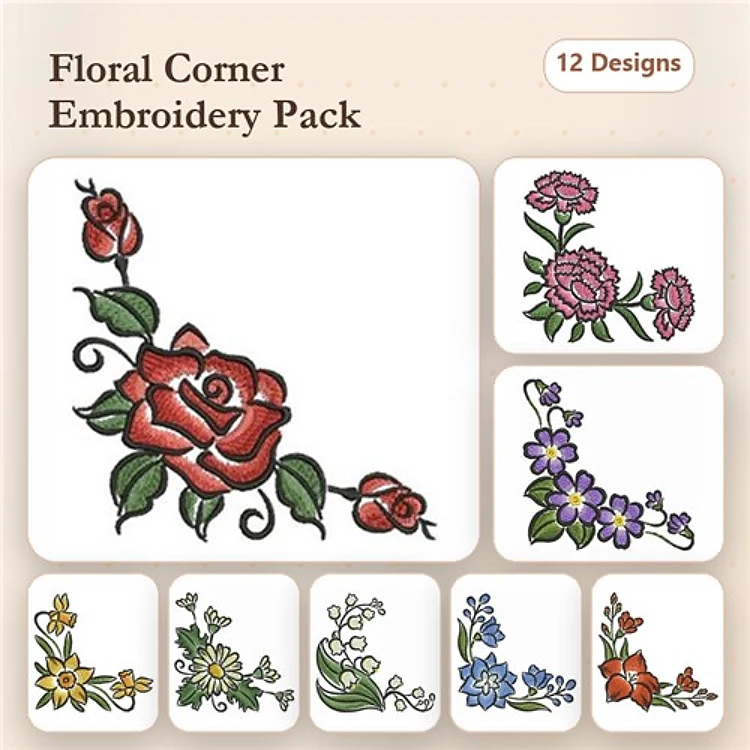 Floral Corner Embellishments Embroidery Designs Bundle – Red Rose Corner, Pink Flower Corner, Blue Flower Corner & More (12 Designs)