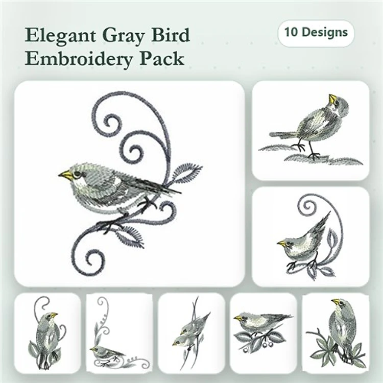 Elegant Gray Bird Embroidery Bundle – Gray Bird with Swirl, Gray Bird on Branch, Gray Bird in Flight & More (10 Designs)