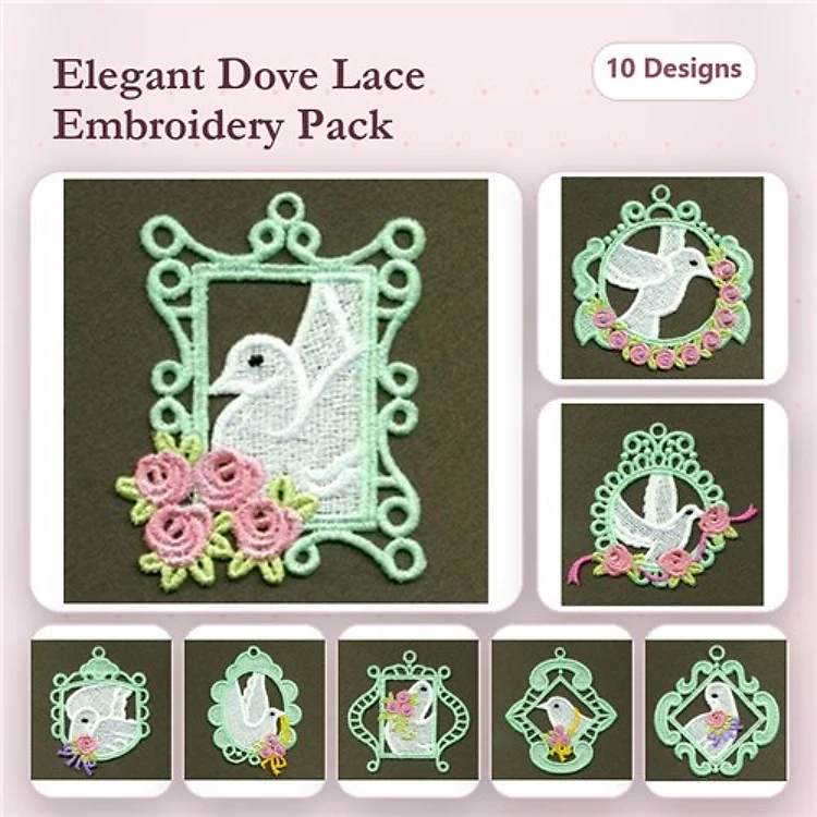 FSL Dove Embroidery Designs Bundle – Dove in Frame with Roses, Lace Dove in Circle, Dove Ornament & More (10 Designs)