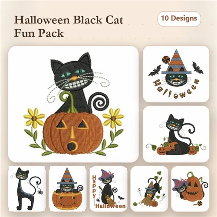 Halloween Black Cat Embroidery Bundle – Black Cat with Pumpkin, Black Cat Witch, Black Cat with Hat & More (10 Designs)