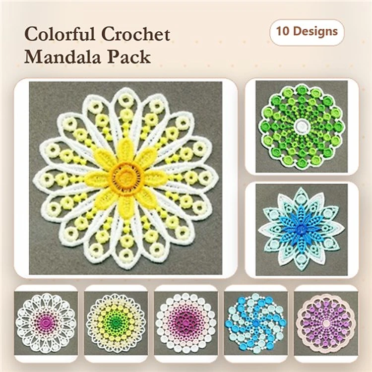 FSL Colorful Crochet Mandala Embroidery Bundle – Yellow, Green, Blue, Pink & More (10 Designs)