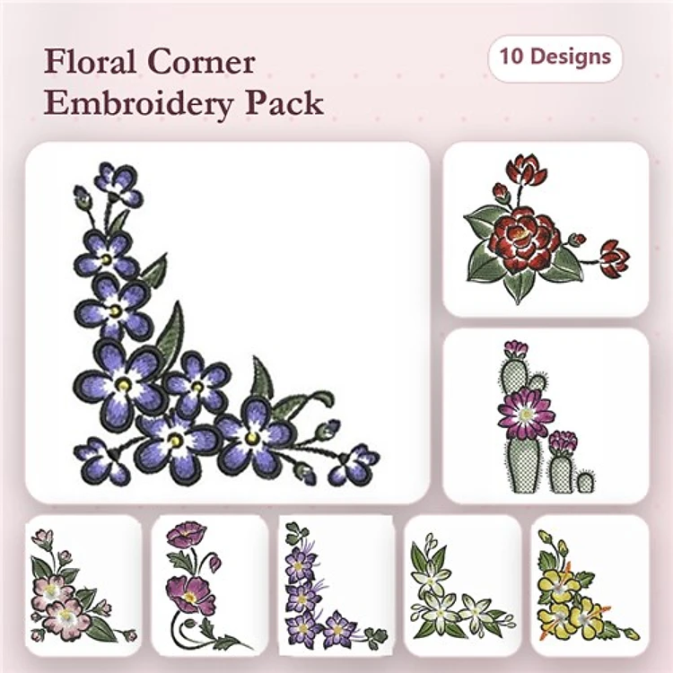 Floral Corner Embellishments Embroidery Designs Bundle – Violets, Rose Bouquet, Cacti & More (10 Designs)