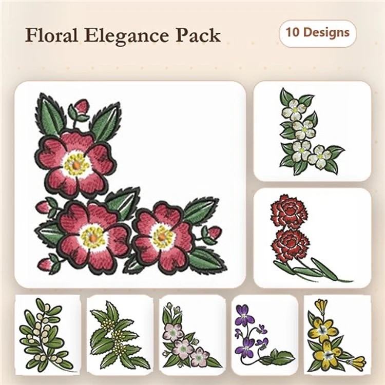Floral Embroidery Designs Bundle – Pink Flowers Cluster, Red Roses Bouquet, White Flowers Bunch & More (10 Designs)