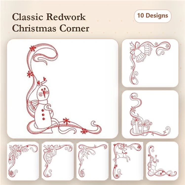 Redwork Christmas Corner Embellishments Embroidery Bundle – Snowman, Santa, Pine Cone & More (10 Designs)