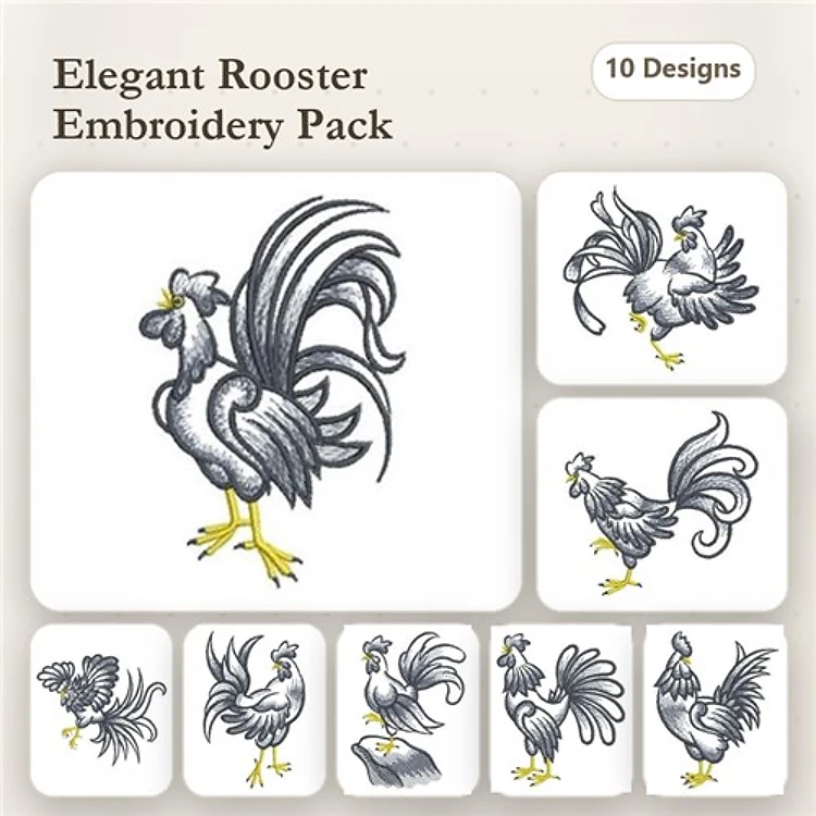 Elegant Rooster Embroidery Bundle – Standing, Crowing, Close-Up & More (10 Designs)