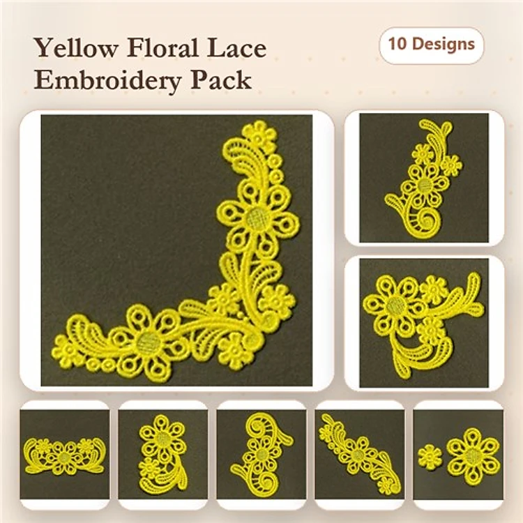 FSL Floral Embellishment Embroidery Designs Bundle – Floral Corner Lace, Ornate Floral Lace, Flower Lace Accent & More (10 Designs)