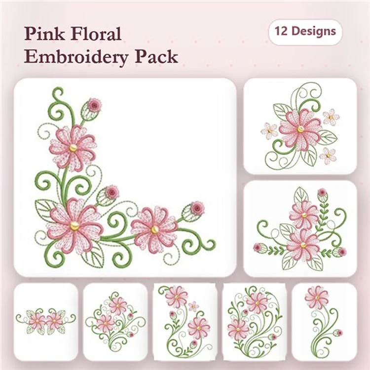 Rippled Floral Embroidery Bundle – Floral Corner, Large Pink Flower, Small Bouquet & More (12 Designs)