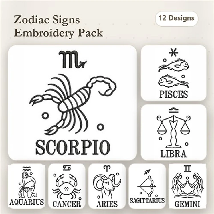 Redwork Zodiac Sign Embroidery Designs Bundle – Scorpio, Pisces, Libra, Aquarius & More (12 Designs)