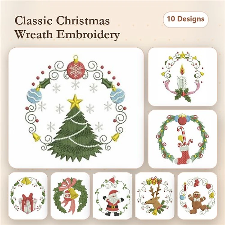 Christmas Wreath Embroidery Bundle – Christmas Tree, Santa, Reindeer, Bear & More (10 Designs)