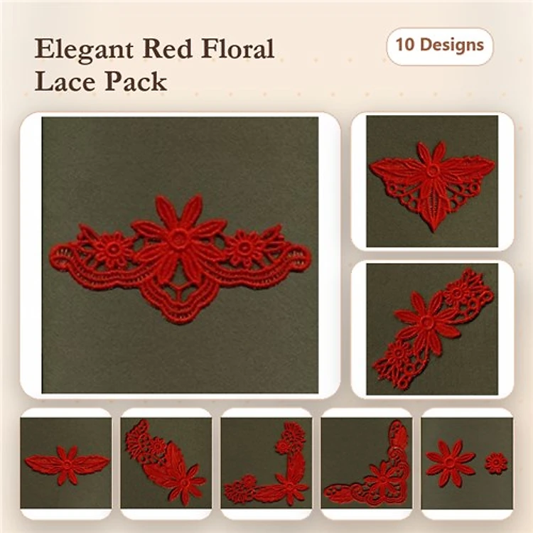 FSL Elegant Red Floral Lace Embroidery Bundle – Lace Floral Border, Lace Butterfly, Lace Flower Accent & More (10 Designs)