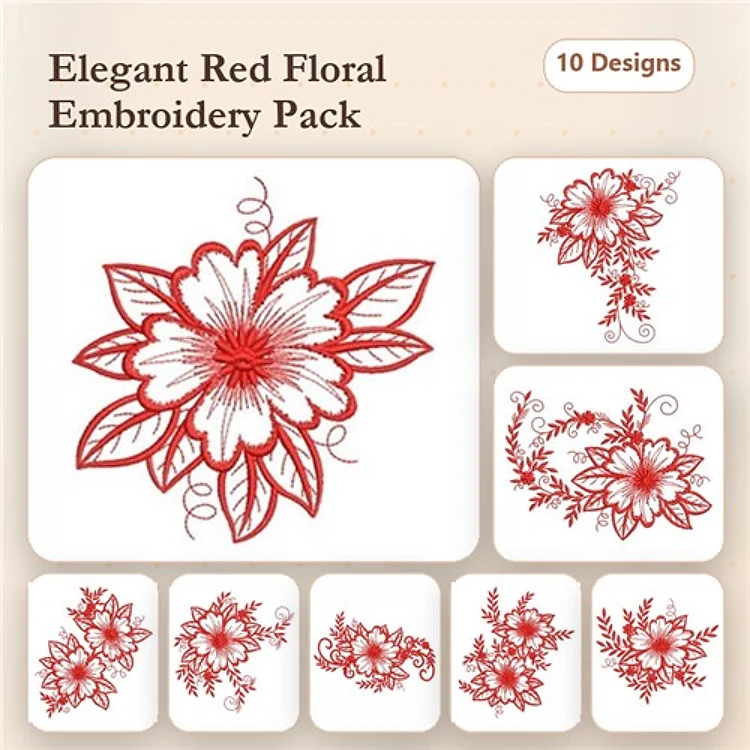Redwork Floral Embroidery Designs Bundle – Large Red Floral, Red Blossom Bouquet, Red Floral Swirl & More (10 Designs)