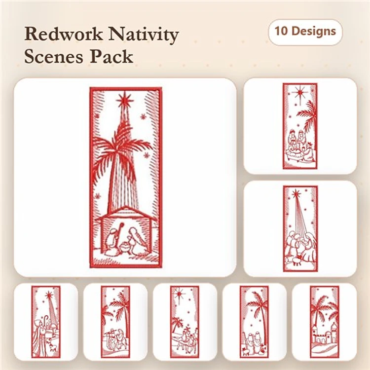 Redwork Nativity Embroidery Bundle – Mary, Joseph, Baby Jesus & More (10 Designs)