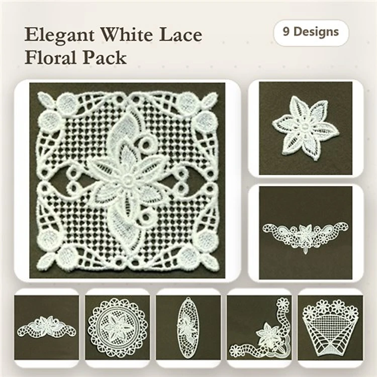 FSL Elegant Floral Lace Embroidery Bundle – Floral Lace Square, Lace Flower Medallion, Lace Floral Border & More (9 Designs)