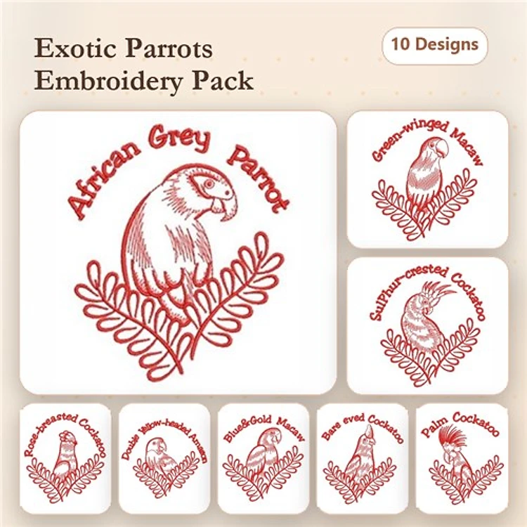 Redwork Exotic Parrots Embroidery Bundle – African Grey, Macaw, Cockatoo & More (10 Designs)