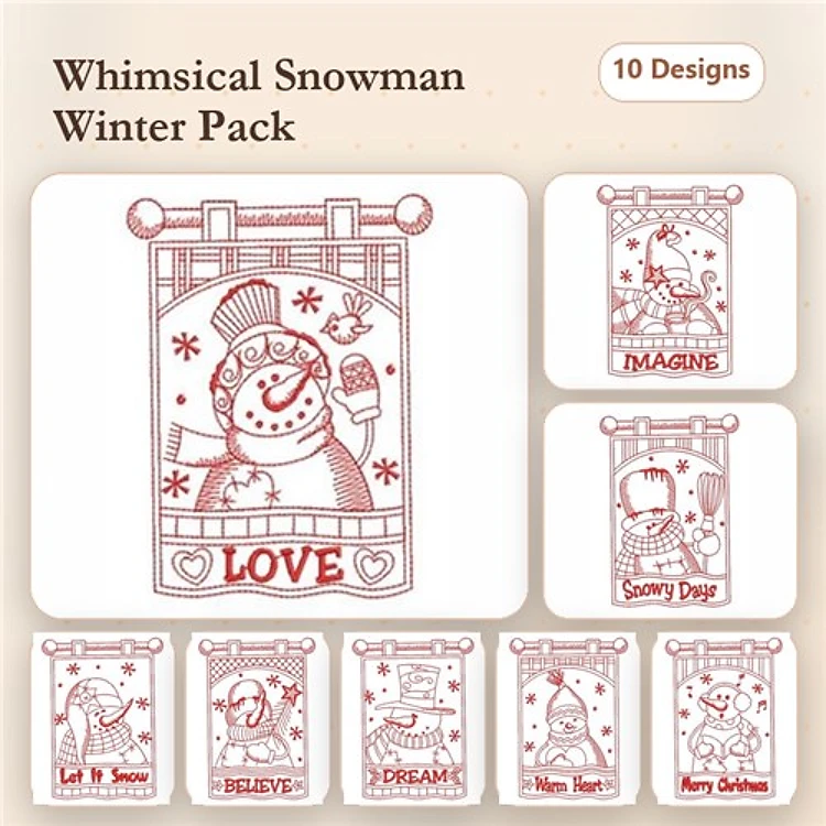 Redwork Snowman Embroidery Designs Bundle – Let It Snow, Warm Heart, Merry Wishes & More (10 Designs)