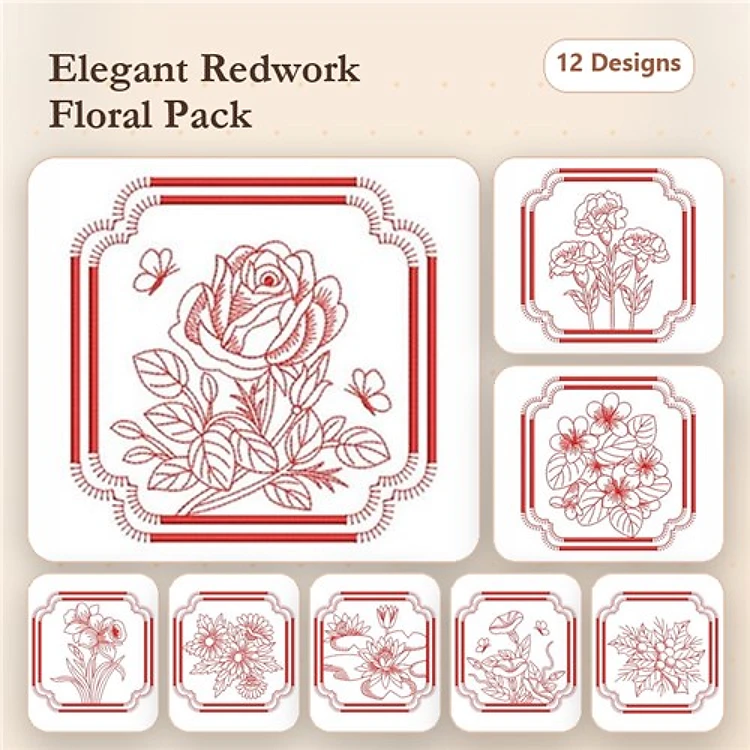 Redwork Elegant Floral Embroidery Bundle – Rose, Floral Bouquet, Daisy Cluster & More (12 Designs)