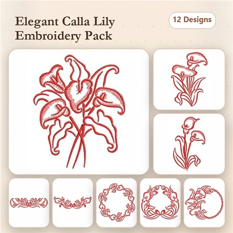 Redwork Elegant Calla Lily Embroidery Designs Bundle – Calla Lily Wreath, Decorative Frame, Bouquet & More (12 Designs)