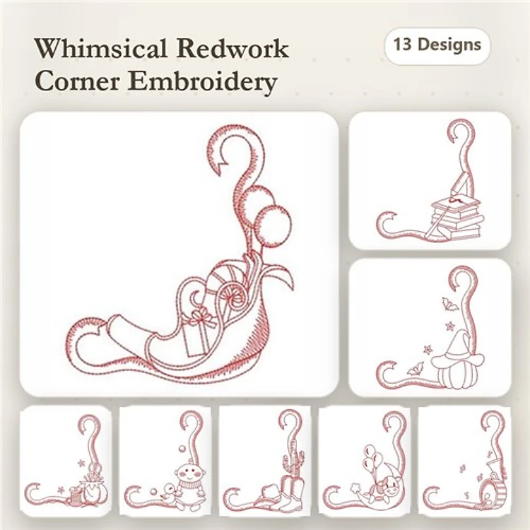 Redwork Corner Embellishments Embroidery Bundle – Charming Elements & Illustrations (13 Designs)