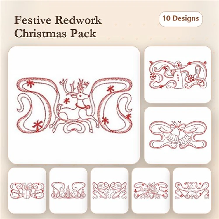 Redwork Festive Christmas Embroidery Bundle – Reindeer with Decorations, Snowman with Scarf, Christmas Bells & More (10 Designs)