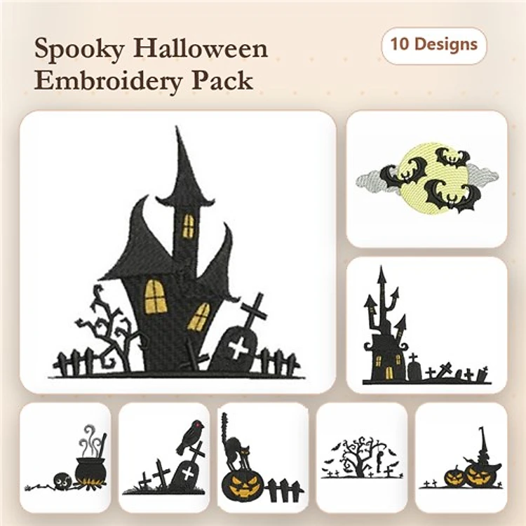 Spooky Halloween Embroidery Designs Bundle – Haunted House, Pumpkin, Witch on Broomstick & More (10 Designs)