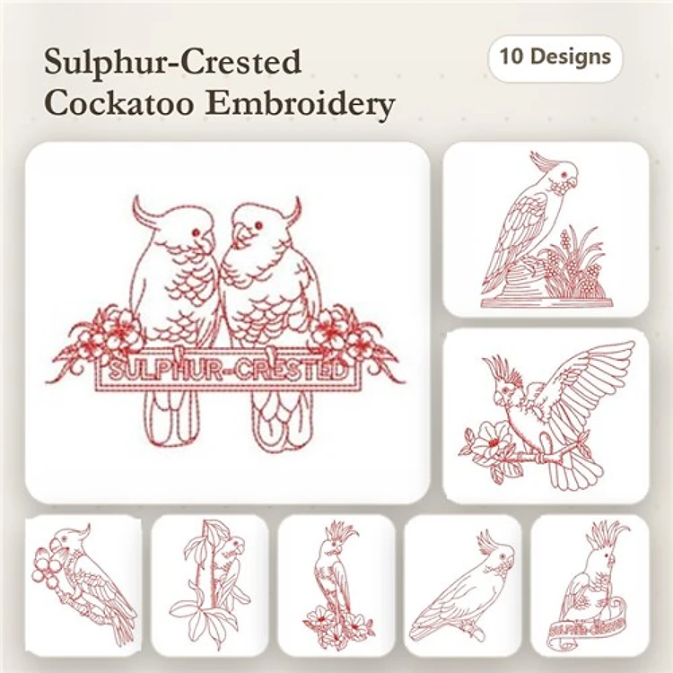 Redwork Sulphur-Crested Cockatoos Embroidery Bundle – Pair, Branch, Portrait & More (10 Designs)