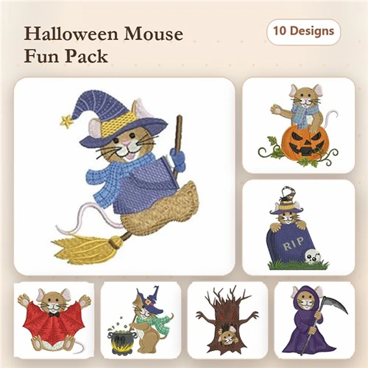 Halloween Mice Embroidery Designs Bundle – Mouse on Broomstick, Mouse with Pumpkin, Mouse by Tombstone & More (10 Designs)