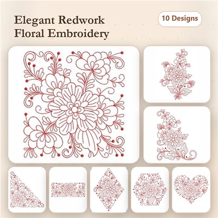 Redwork Elegant Floral Embroidery Bundle – Flower Bouquet, Floral Heart, Floral Corner & More (10 Designs)