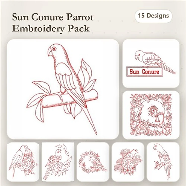 Redwork Sun Conure Parrots Embroidery Bundle – Sun Conure on Branch, Sun Conure in Leaves, & More (15 Designs)
