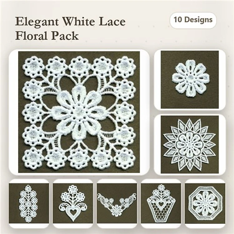 FSL Elegant Floral Lace Embroidery Designs Bundle – Lace Floral Motif, Lace Doily, Lace Heart & More (10 Designs)