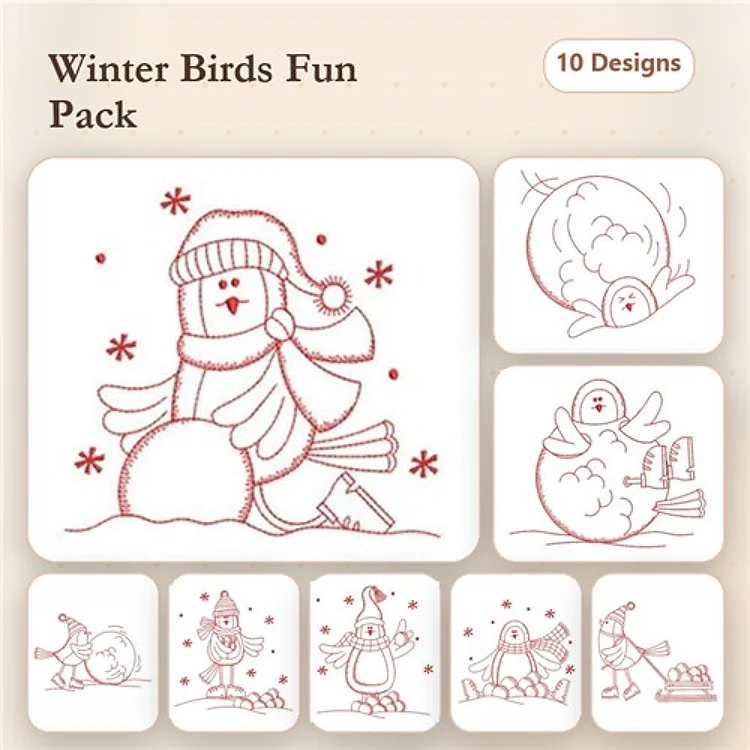 Redwork Winter Birds Embroidery Designs Bundle – Snowman with Bird, Bird in Scarf, Chick with Hat & More (10 Designs)