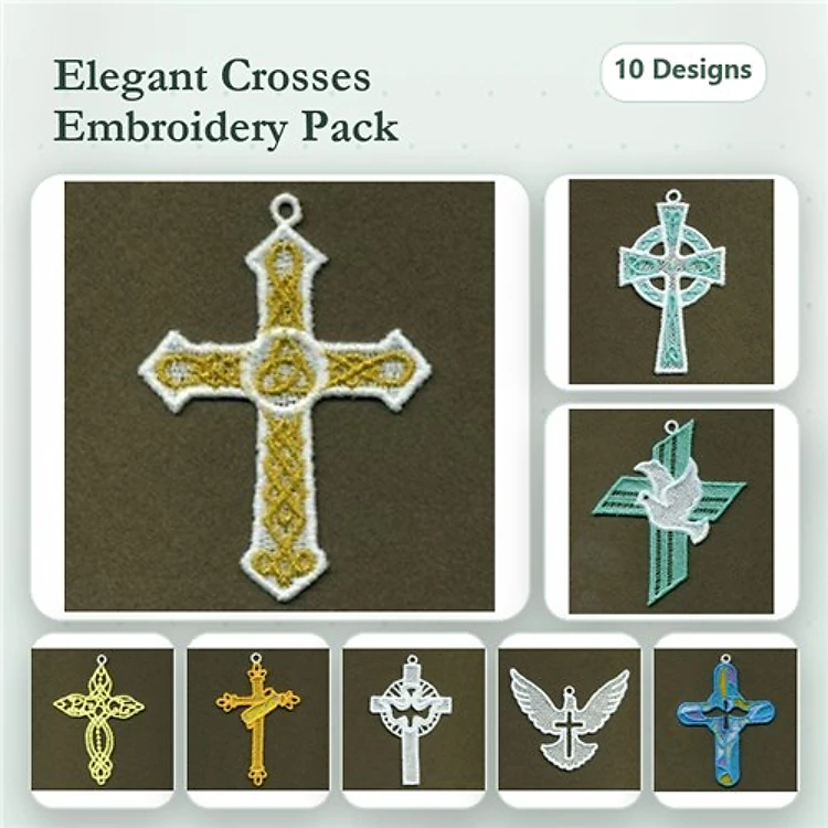 FSL Decorative Cross Embroidery Bundle – Celtic Cross, Dove Cross, Floral Cross & More (10 Designs)