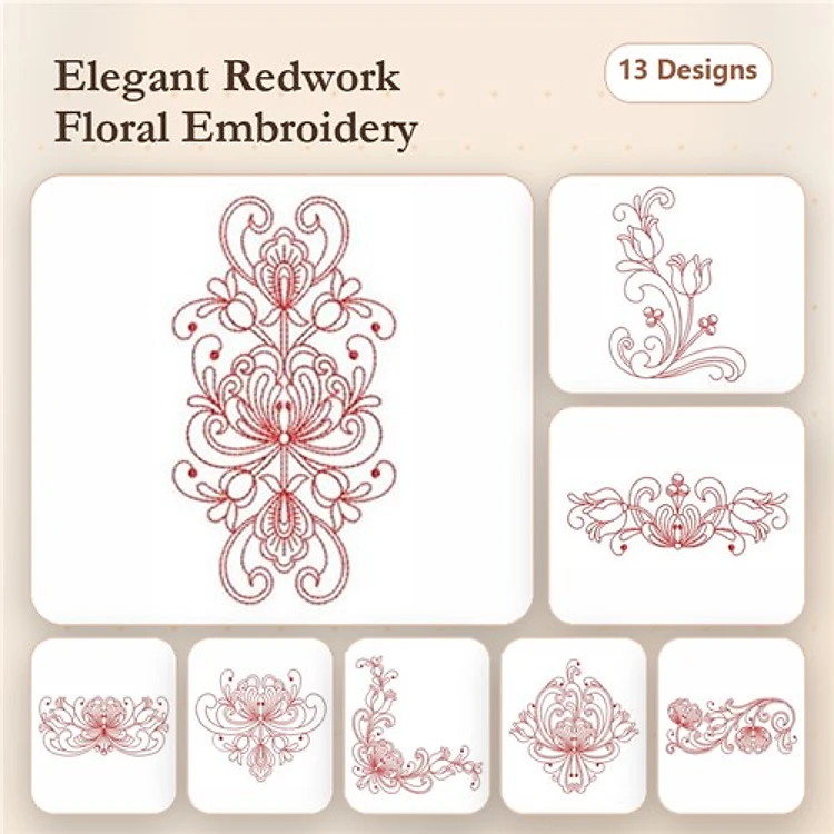 Redwork Elegant Floral Embroidery Designs Bundle – Floral Motif 1, Floral Motif 2, Floral Border & More (13 Designs)
