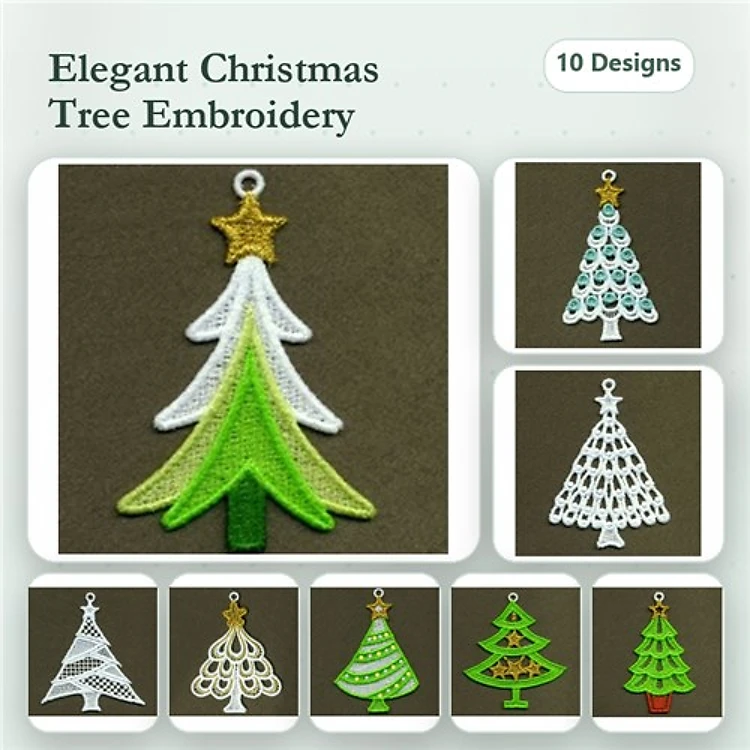 FSL Elegant Christmas Tree Embroidery Designs Bundle – Lace Overlay, Hanging Ornament, Layered Trees & More (10 Designs)