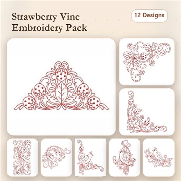 Redwork Strawberry Vine Embroidery Designs Bundle – Strawberry Vine Corner, Floral, Butterfly & More (12 Designs)