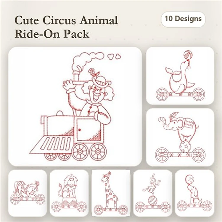 Cute Circus Animal Ride-On Embroidery Bundle – Fun Designs (10 Designs)