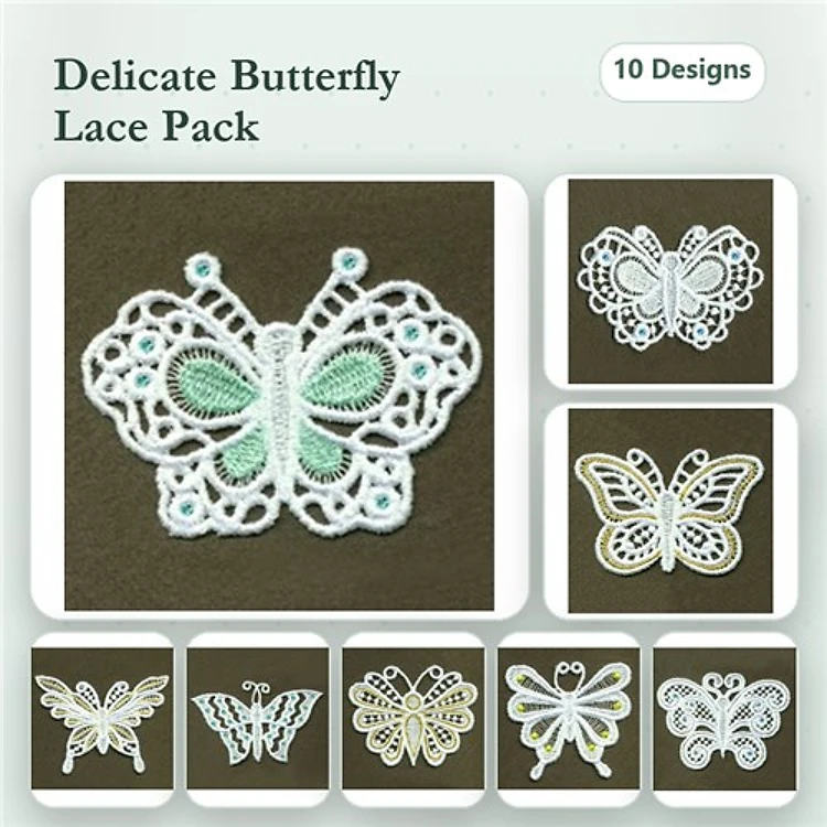 FSL Delicate Lace Butterflies Embroidery Bundle – Butterfly Lace Design 1, Butterfly Lace Design 2 & More (10 Designs)